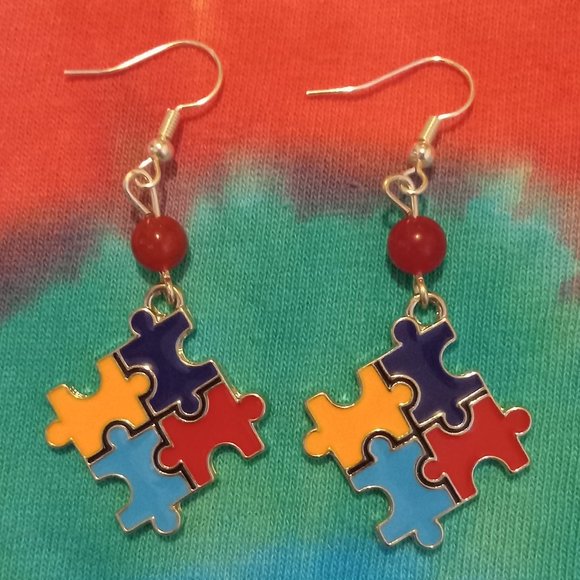 Handmade Autism Awareness Puzzle Piece Earrings - Picture 3 of 5